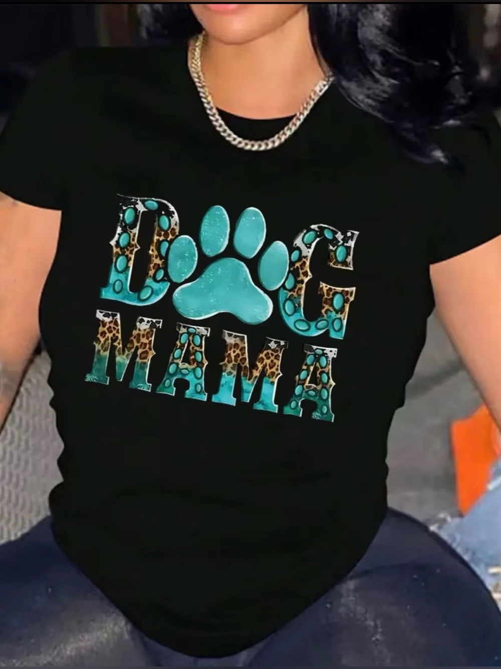 Dog Mama Black Tee with Turquoise Paw & Leopard Print NWOT